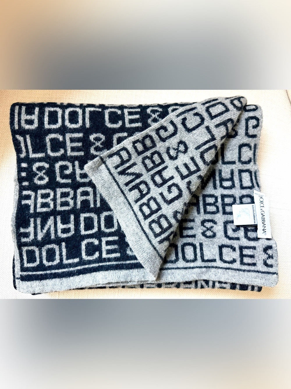 DOLCE & GABBANA Reversible Wool Logo Scarf Black Gray 65”